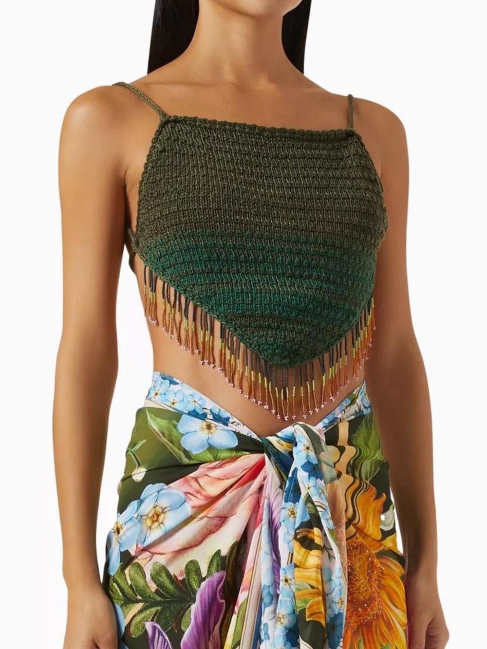 Agua Bendita Fleur Crochet Cotton Beaded Fringe Festival Beach Crop Top L NWT